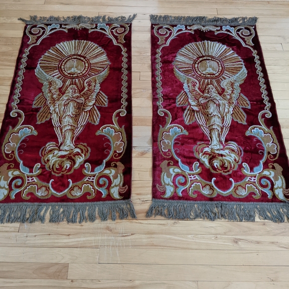 Antique Moody Maximalist Salvaged Religious Tapestry Rug - Picture 4 of 5